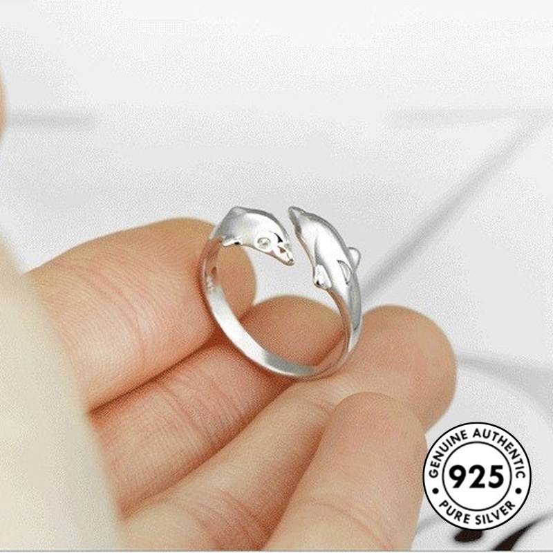 Cincin S925 Silver Bentuk Lumba-Lumba Aksen Berlian Gaya Elegan