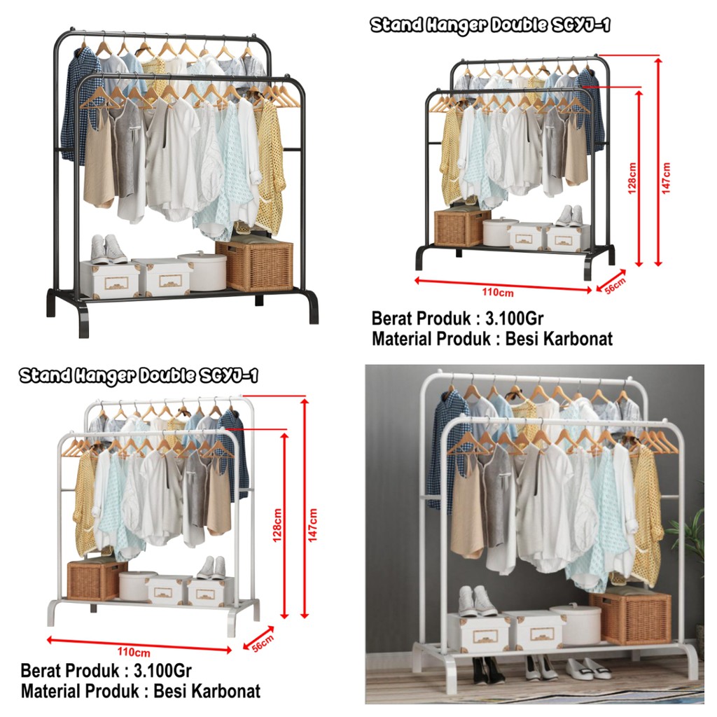 Rak Stand Hanger Double Stand Hanger Gawang beban 40kg Gantungan Baju Gantungan Pakaian Serbaguna SGYJ-1