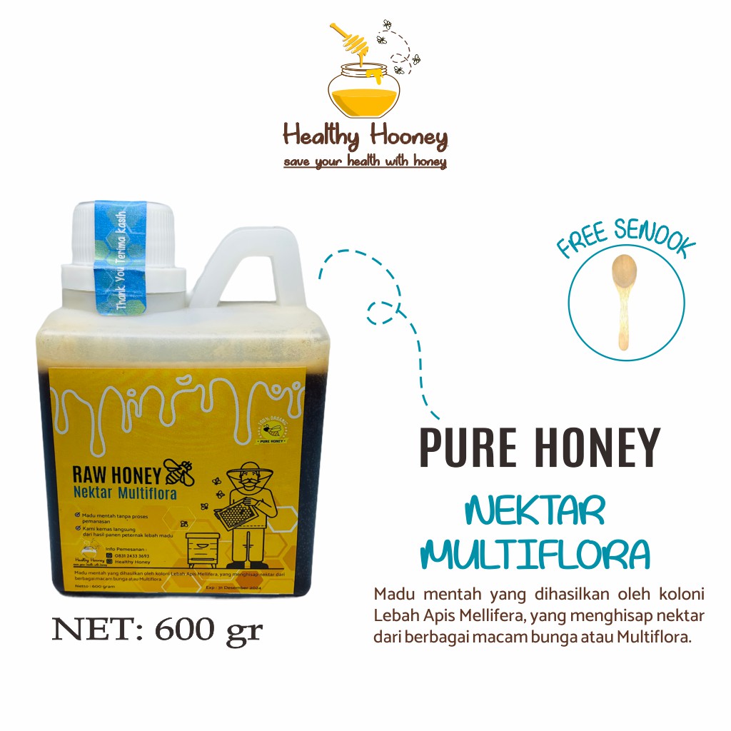 

Madu Murni Mentah Asli Nektar Multiflora Alami Pure Natural Raw Honey 600 gr Healthy Hooney