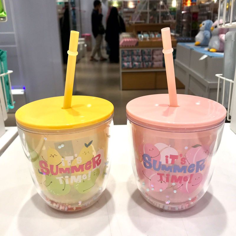 FRUIT SERIES DOUBLE LAYER STRAW WATER BOTTLE 435ML TUMBLER MINISO TUMBLER FRUIT BOTOL MINISO