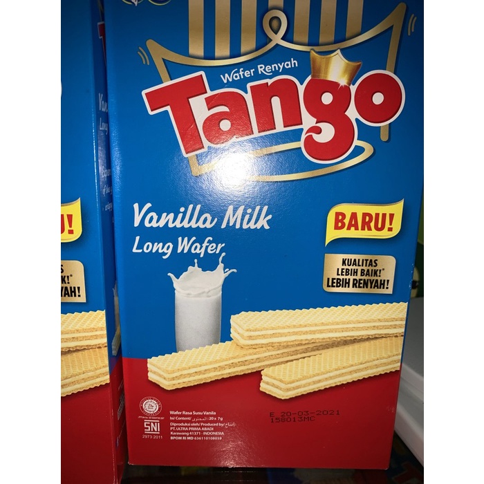 

Wafer-Biskuit- Wafer Tango Vanila 7Gr 1Box Isi 20 X 7 Gram Vanilla -Biskuit-Wafer.