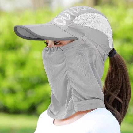 (Hello Girl)MZ18 Topi Matahari Wanita Dengan Penutup Wajah Dan Leher Model Lipat Untuk Outdoor import