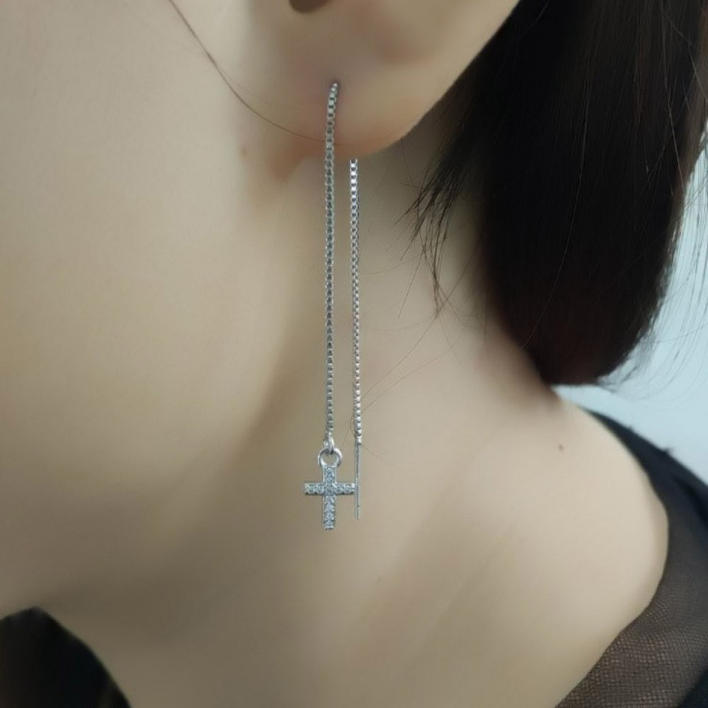 Anting Rantai Panjang Warna Silver Aksen Kristal Untuk Wanita