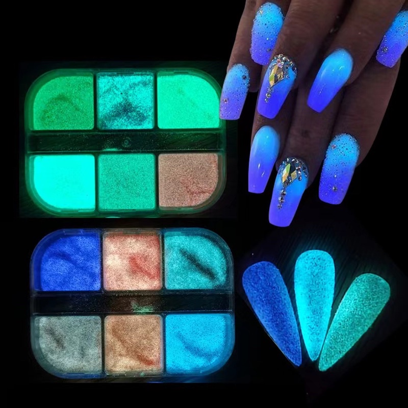 GLOW IN THE DARK SUGAR POWDER 6pcs BUBUK MENYALA DALAM GELAP HIASAN NAIL ART PARTY RAVE DESIGN NAILART