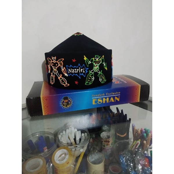 songkok lukis tobot transformers robot gratis nama anak, peci karakter anak, kopyah tobot robot