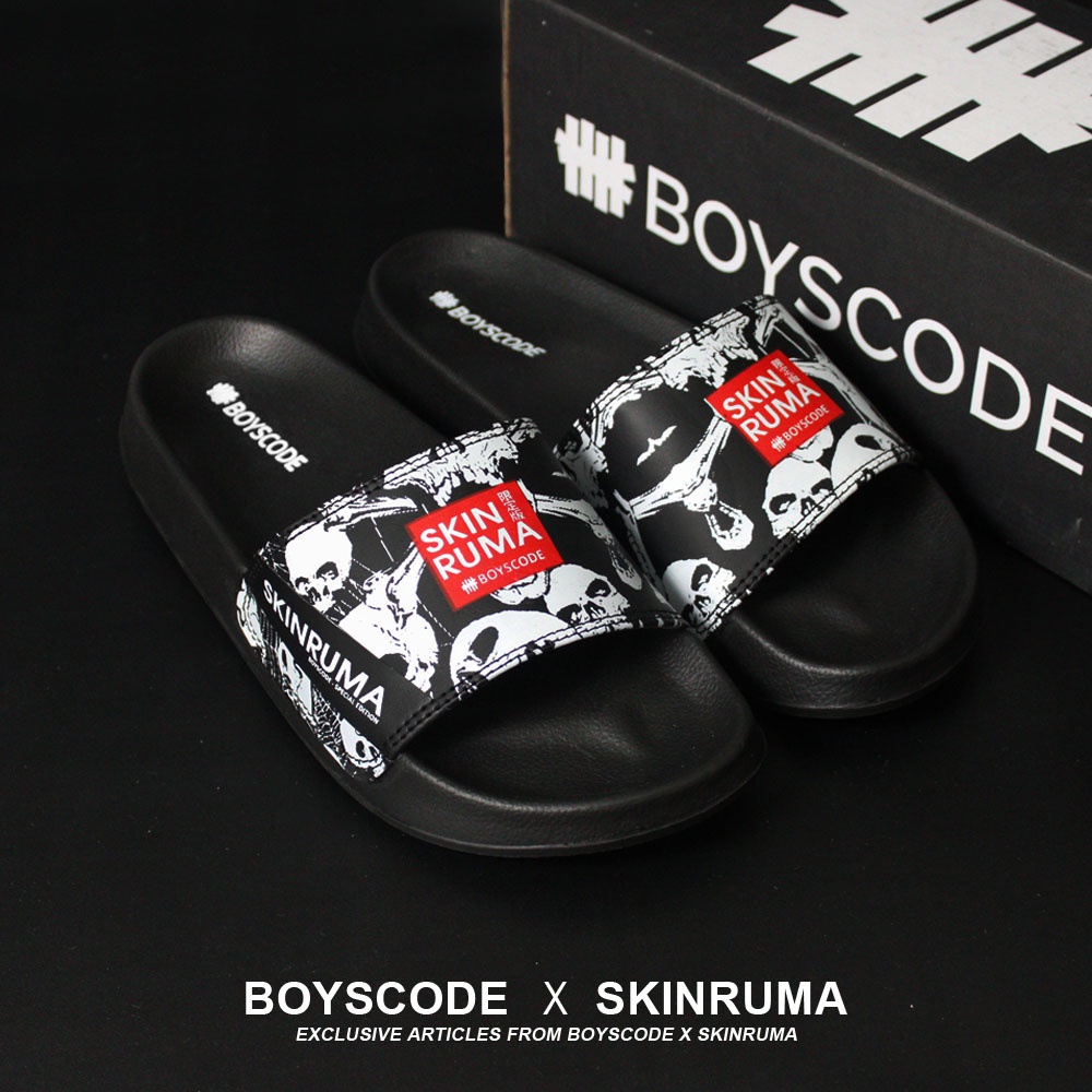 Sendal Selop Pria Wanita Distro Boyscode X Skinruma Black Skull / Sendal Slip On Pria / Sendal Slide Pria / Sendal Slop Pria