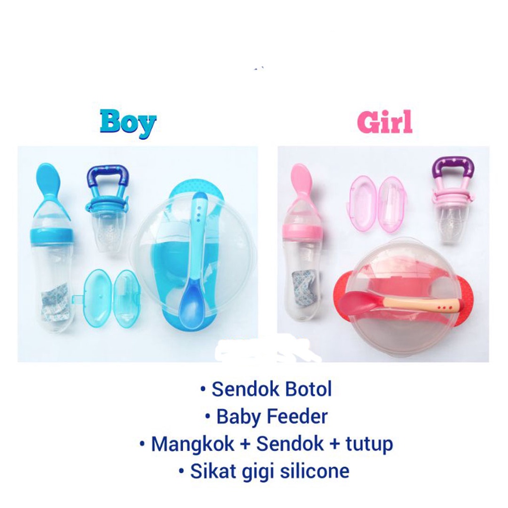 Paket D Perlengkapan makan MPASI Bayi mangkok sendok silicone baby feeder sendok botol bayi dot buah