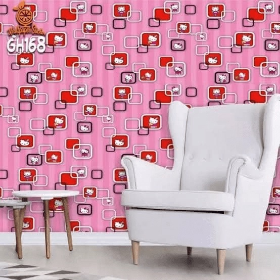 WALLPAPER  STICKER DINDING SALUR PINK KOTAK HELLO KITTY 45 CM X 10 M