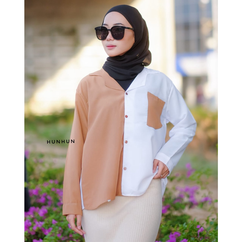 CUCI GUDANG!! Kemeja Wanita KEMEJA TWO TONE Kemeja Twotone Wanita Atasan Blouse  Kemeja Kombinasi Wanita Kemeja Warna Warni Kemeja Dua Warna Blouse Casual