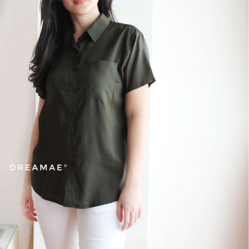 Kemeja atasan wanita cewek lengan pendek hitam putih coklat army polos atasan rayon allsize