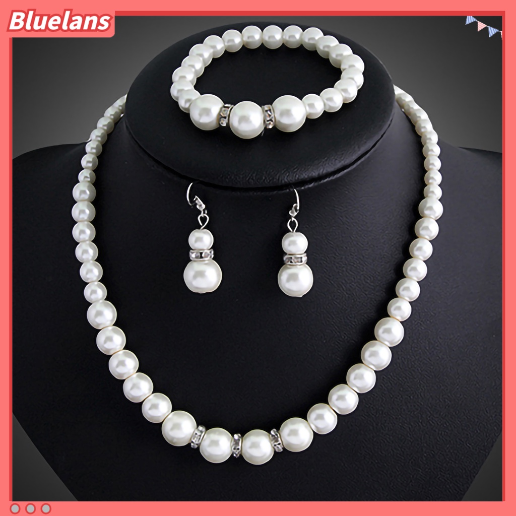 Bluelans Women Faux Pearls Alloy Necklace Bracelet Earrings Wedding Bridal Jewelry Set