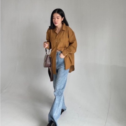 SIVALI Kemeja Oversize Linen Wanita Double Pocket | Linen Shirt - Atasan Lengan Panjang 3304