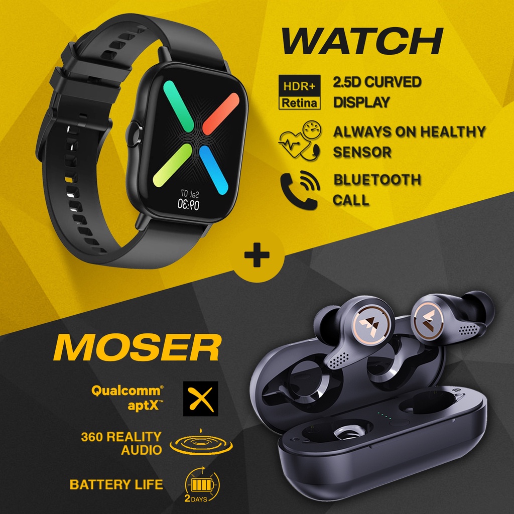 Bundling Budz Moser Earphone Wireless TWS dan Budz Smartwatch