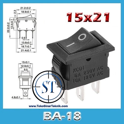 BA-18 3P Saklar Power Rocker Switch Karaoke Hitam ON OFF 15x21mm 3 Pin 3 Kaki 6A 250VAC / 10A 125VAC