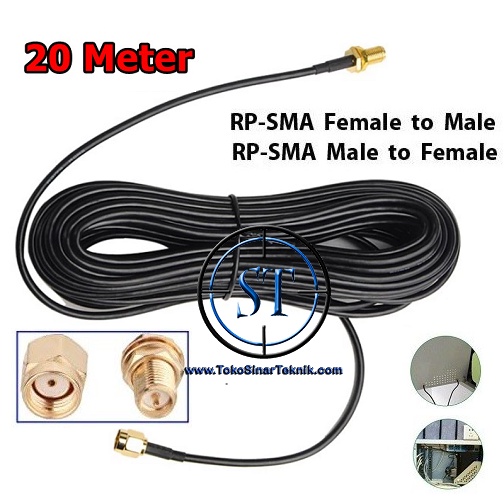 Kabel Extension Pigtail RP-SMA 20 Meter Male to Female Perpanjangan Coaxial RF Cord Connector RPSMA Cable Antenna Wi-Fi Wireless Router Panjang 20meter