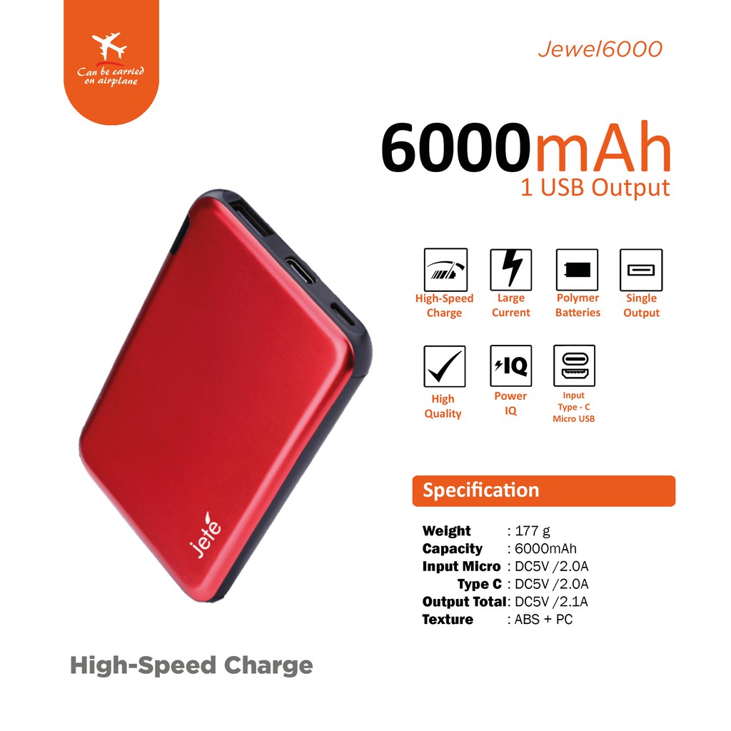 Powerbank 6000mAh JETE Jewel ORI Dengan Garansi 1 Tahun Real Capacity