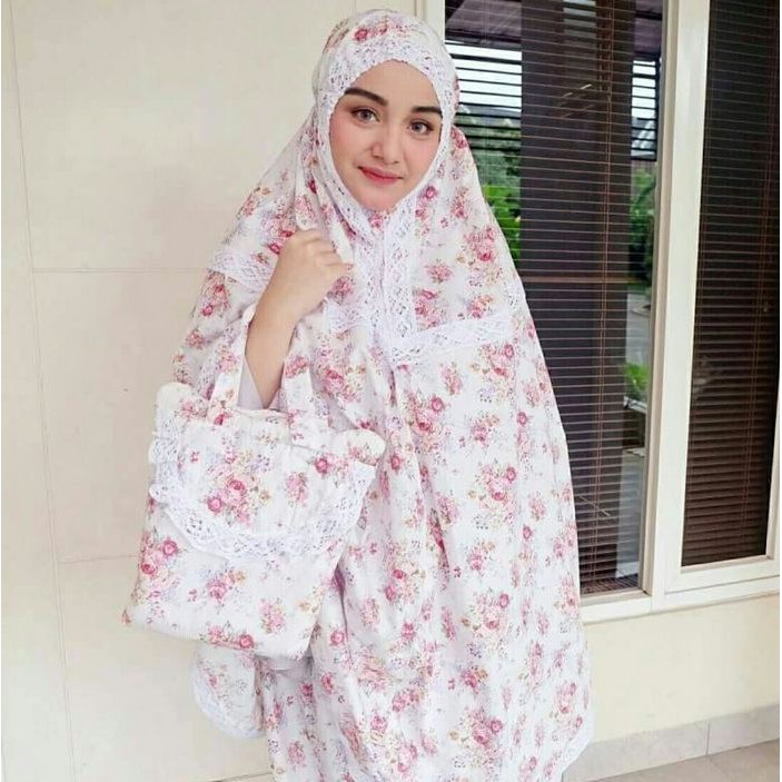 Mukena Katun Jepang Model Renda Motif Bunga Warna Putih