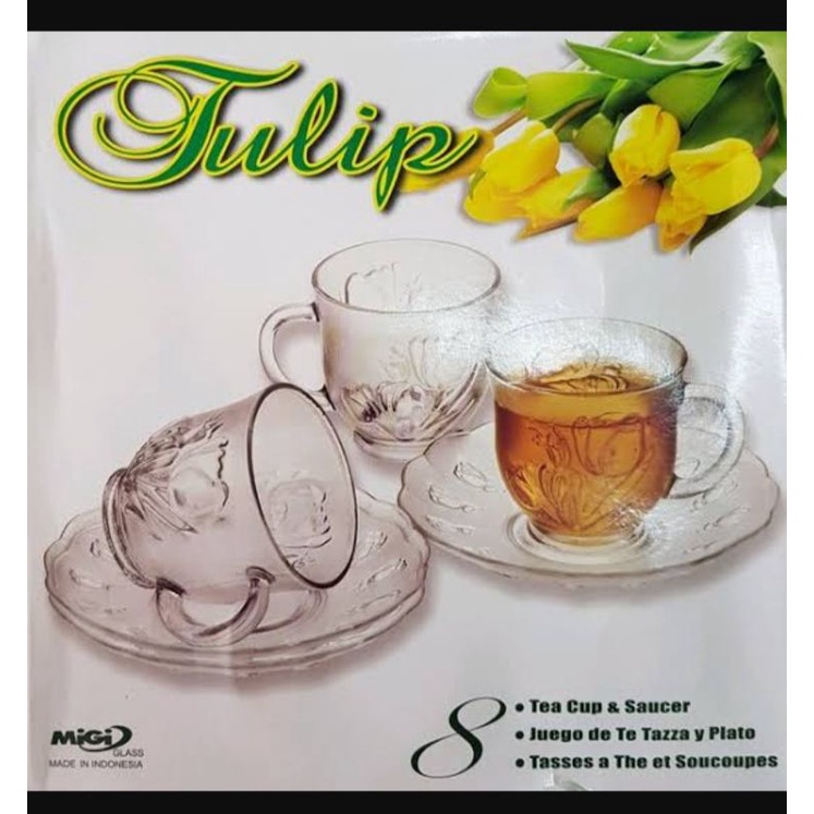 Cangkir beling dengan tatakan tipe Tulip (per set)