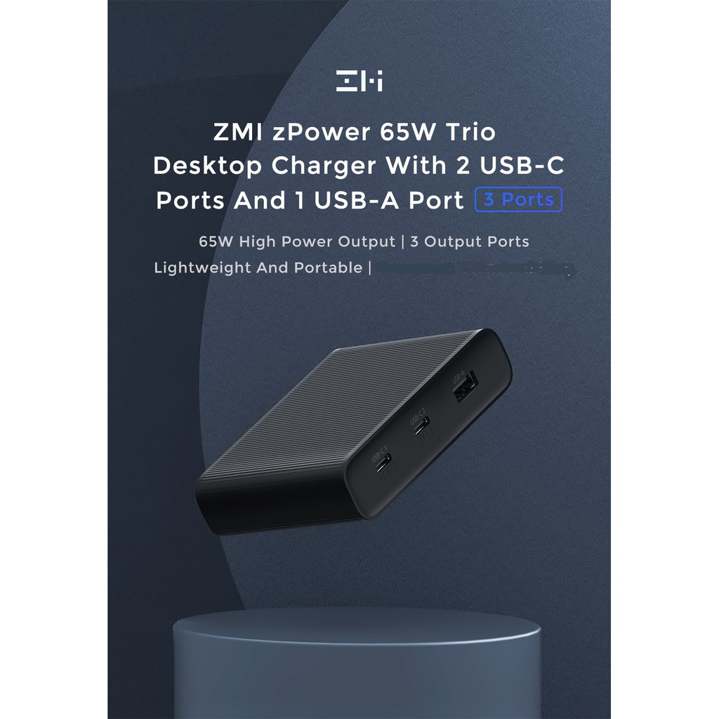 Xiaomi ZMI zPower 65W Trio PD Desktop Charger 2 USB-C and 1 USB-A Port