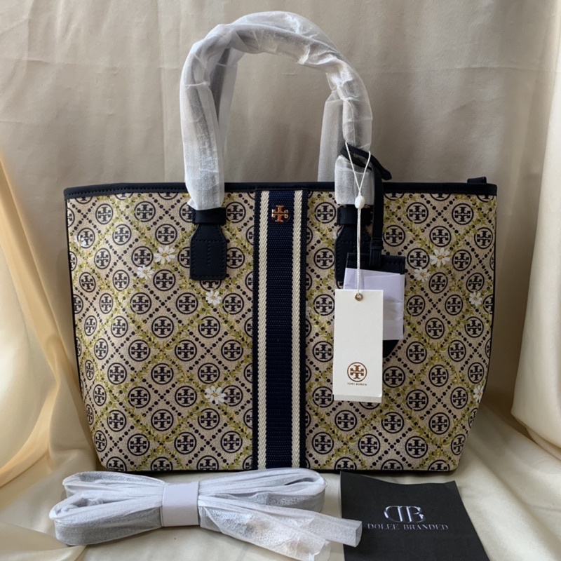 TORY BURCH T Monogram Floral Vine Small Top-Zip Tote Bag (Navy)