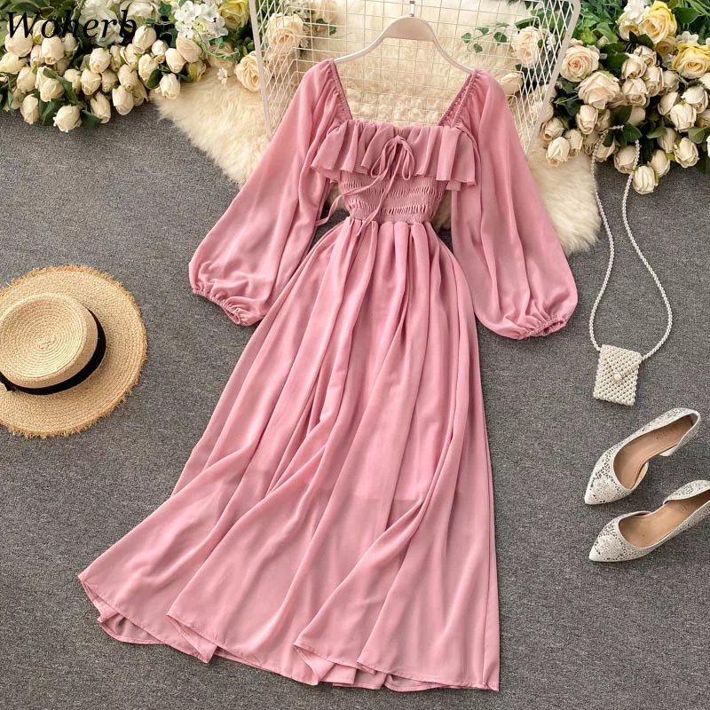 Maxi dress wanita kondangan party pesta Sabrina Off Shoulder Ruffle smock rempel Lengan Panjang Balo