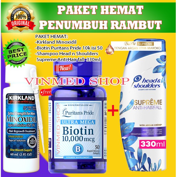 PAKET HEMAT Kirkland Minoxidil 5%+Biotin 10.000mcg +Shampoo Head n Shoulder anti hair fall