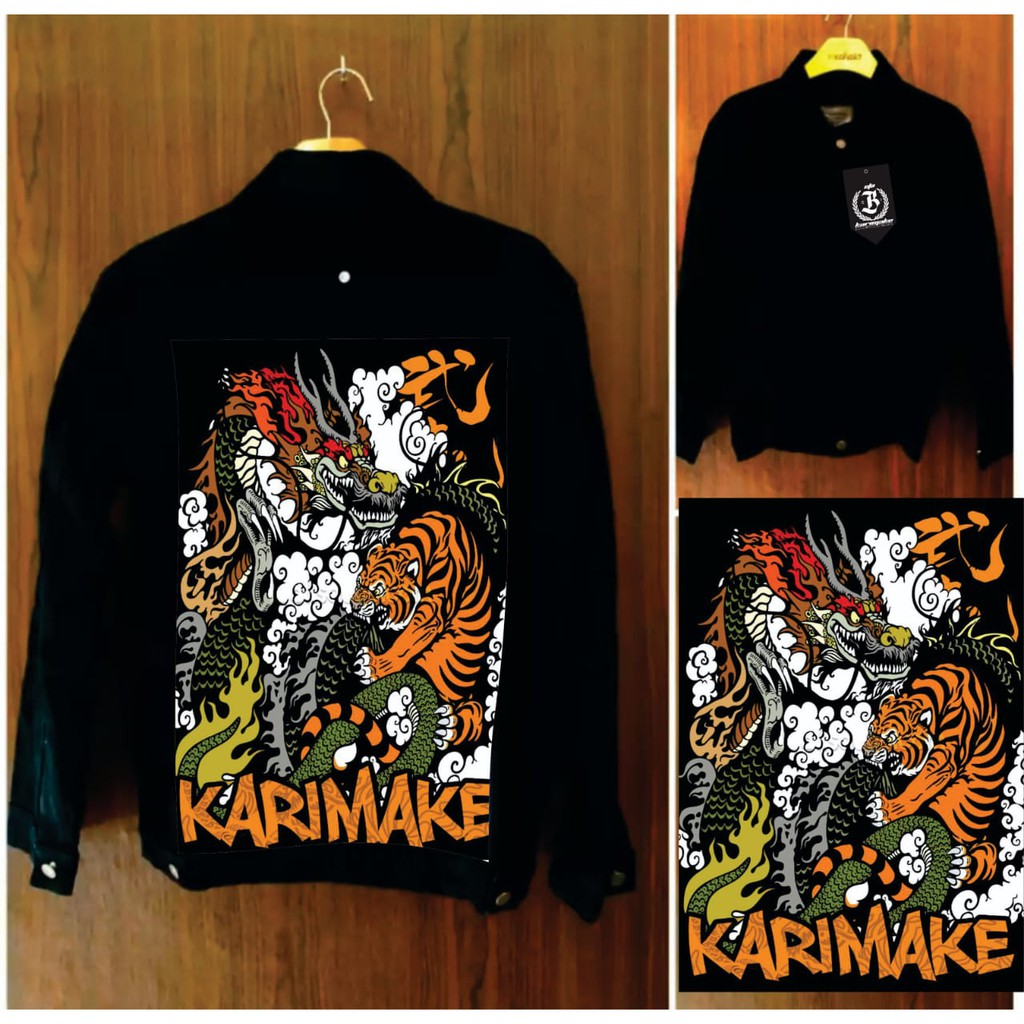 Eta Karimake jaket jeans hitam pekat gambar belakang macan hitam printing 3 dimensi terbaru
