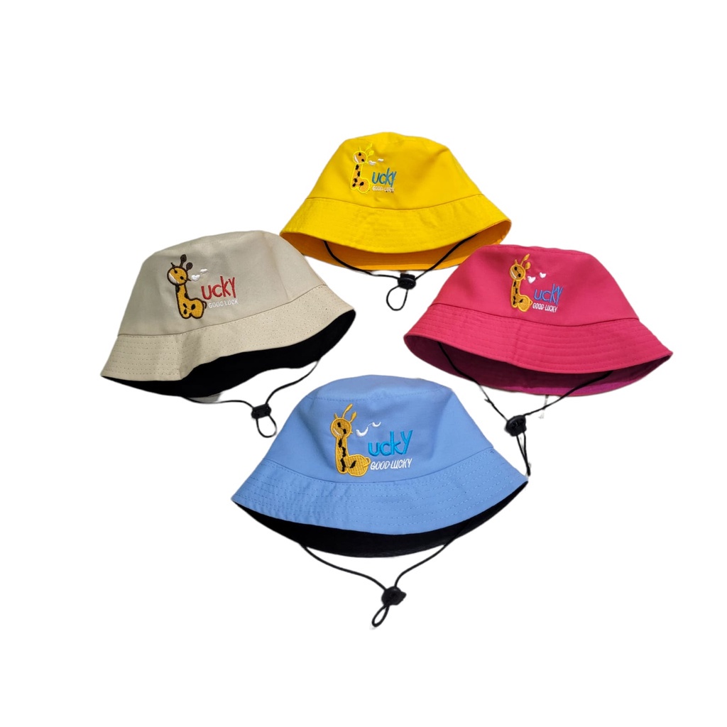 Topi Anak Bucket Jerapah Lucky All Size 1- 5 Tahun Bucket Hat Good Lucky Jerapah Bordir Topi Bucket Bertali Topi Anak Kekinian Bahan Adem Nyaman Dipakai