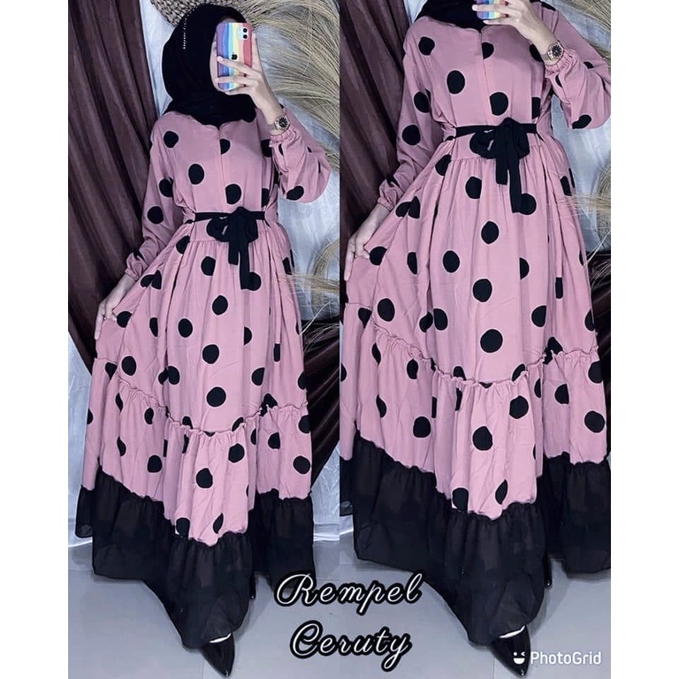 LANGSUNG KIRIM POLKA  REMPEL KELILING SUPER JUMBO LD=140 [5-XXXL125-145KG] GAMIS MONALISA REMPEL CERUTY/BUSUI/TALI PINGGANG