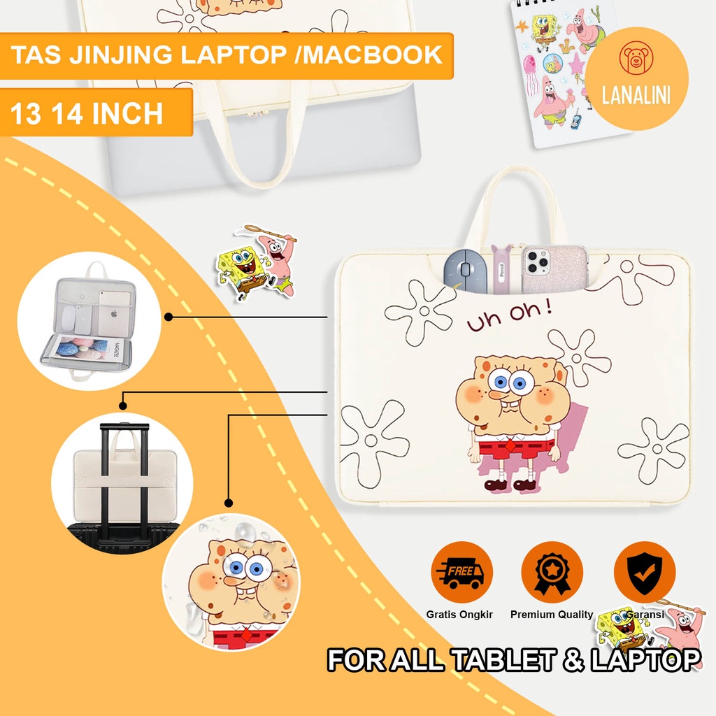 Sleeve Pouch Sarung Tas Bag Case Ipad Tab Tablet Macbook Air Pro Laptop Asus Acer Lenovo HP Huawei 11 12 13 14 15 inch Motif Gambar Kartun Cartoon Spongebob Warna Putih Lucu Cute Murah Korean Model Jinjing Tali Strap