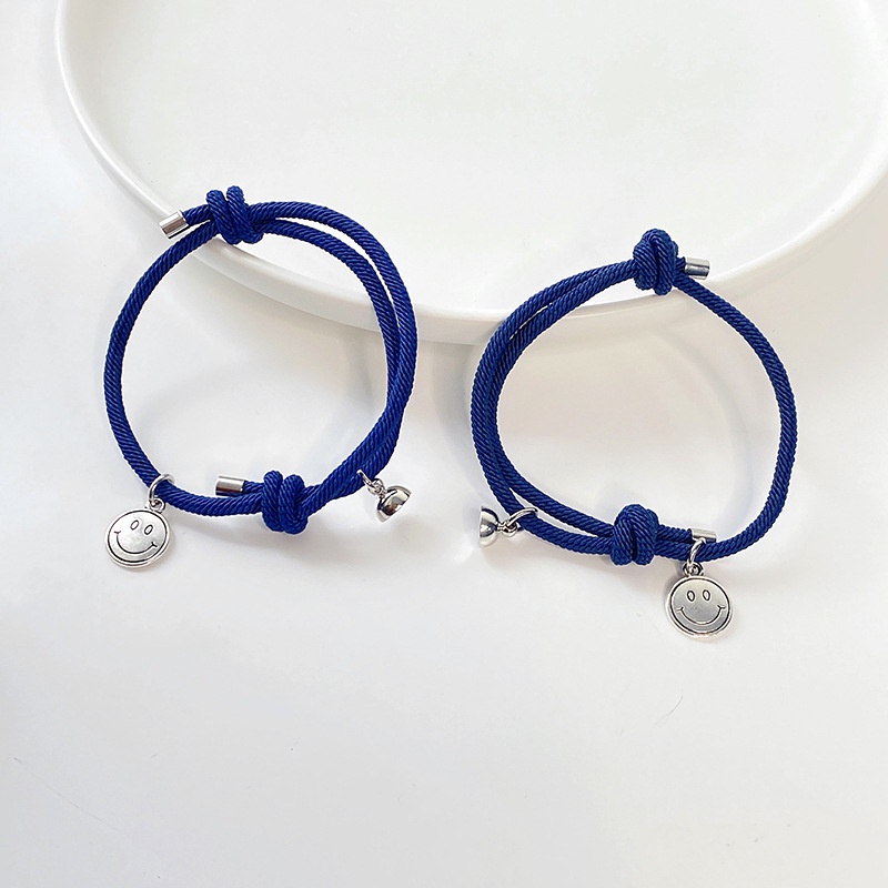 Korea biru woven pasangan diy Gelang adjustable wajah tersenyum magnet liontin pacar gelang pria dan