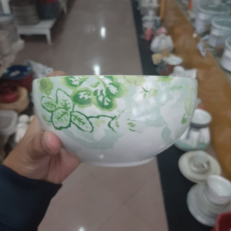 FLOWER BOWL MANGKOK MANGKUK KERAMIK SANGO MOTIF BUNGA SHABBY HIJAU