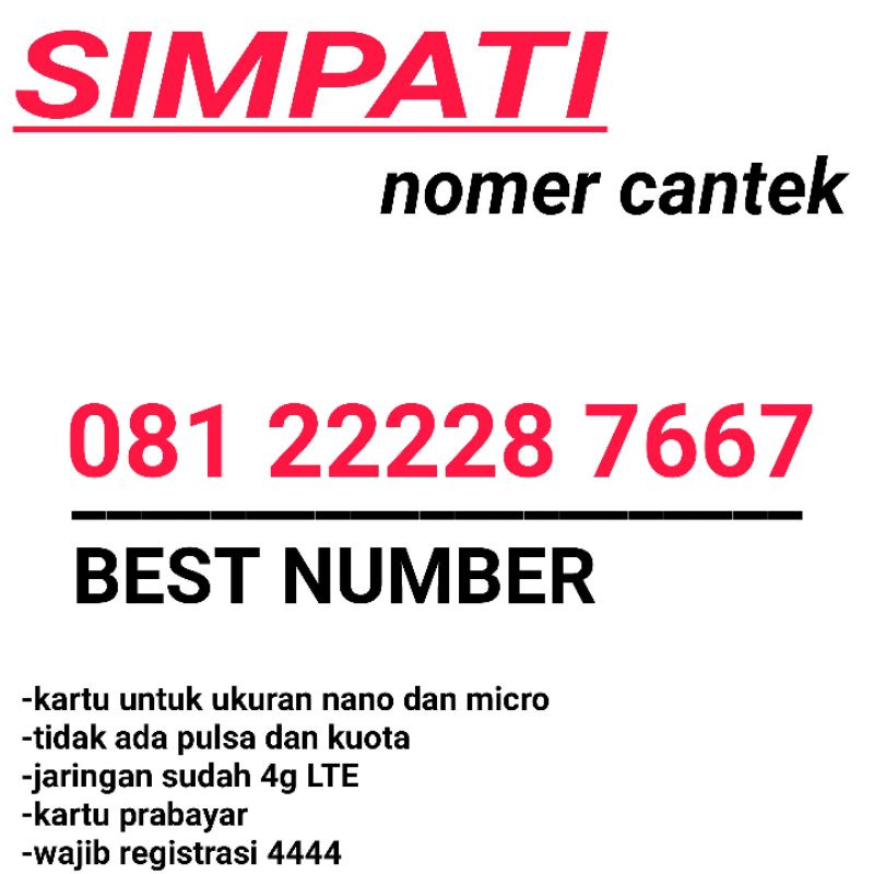 KARTU PERDANA NOMOR CANTIK SIMPATI TELKOMSEL 4G 22228 7667