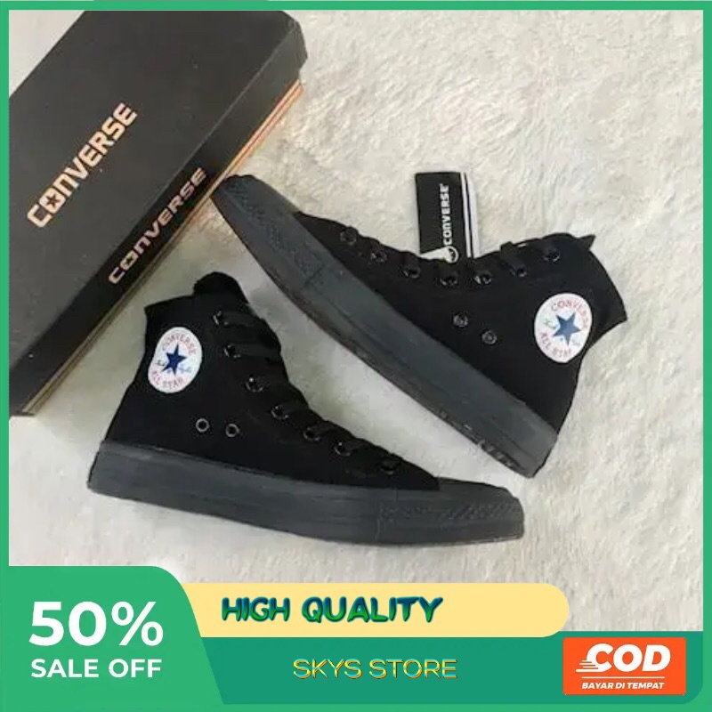 Sepatu Converse Pria/Wanita ALL STAR Ct High Warna Full Black/Hitam Polos