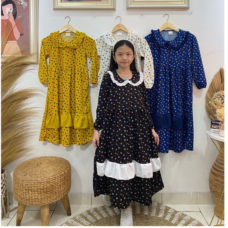 Gamis anak perempuan model rok tumpuk kerah ruffle motif bunga bahan voxy premium merk latin (8-10 t