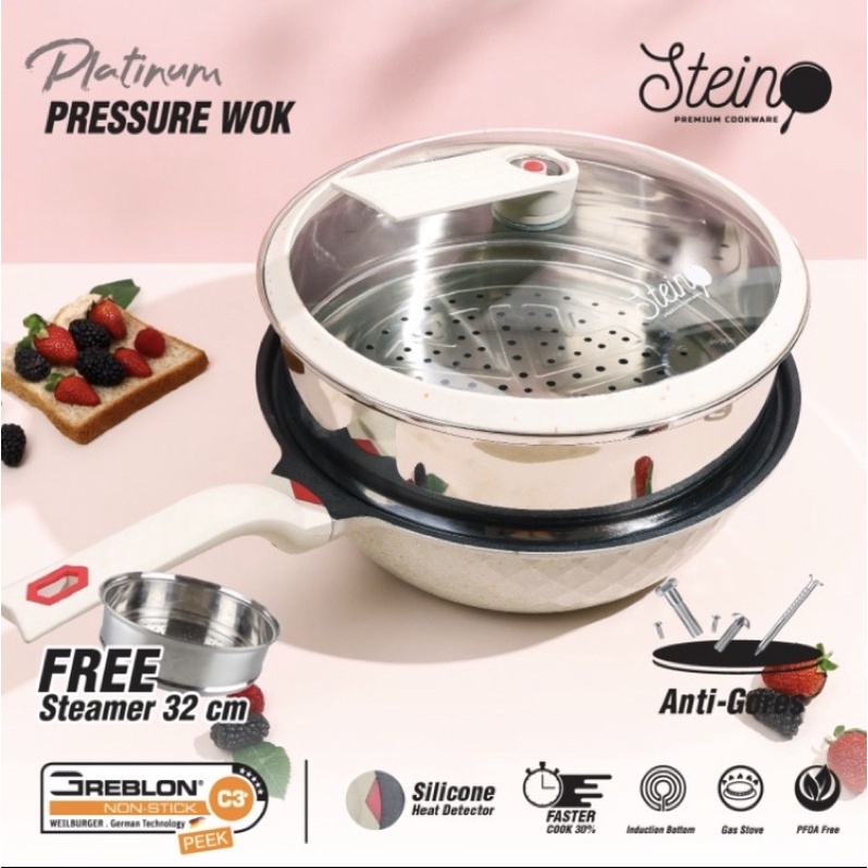 Steincookware Platinum pressure wok pan 32Cm + Steamer stainless brown
