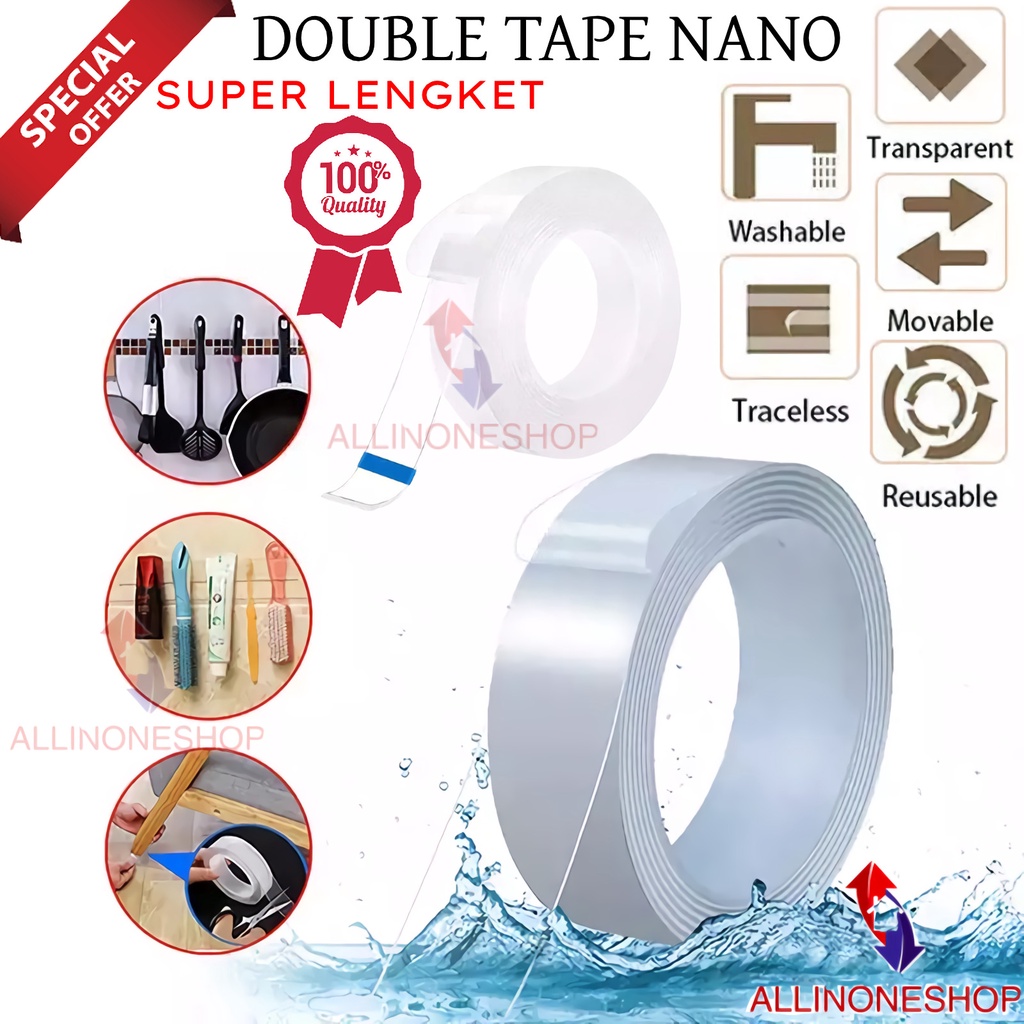 DOUBLE TAPE TRANSPARAN 1 METER / PEREKAT TIMBAL BALIK / NANO DOUBLE TAPE SUPER LENGKET