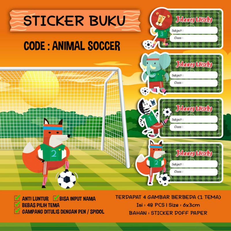 

Sticker / Stiker Buku Custom Nama ANIMAL SOCCER / SEPAK BOLA
