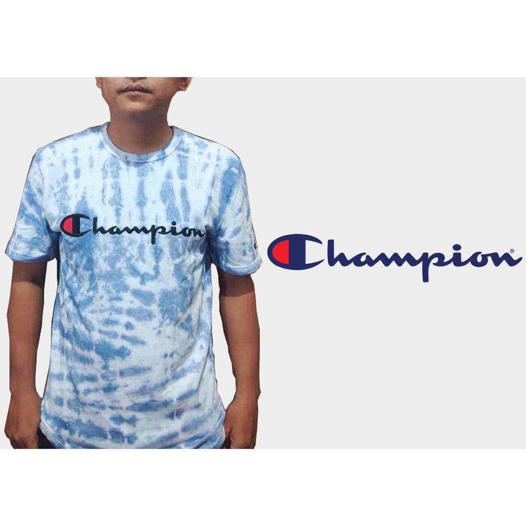 Champion Script Logo Tie Dye Blue Men's Casual T-Shirth Original ( Baju/Kaos Pria Casual ) Champion