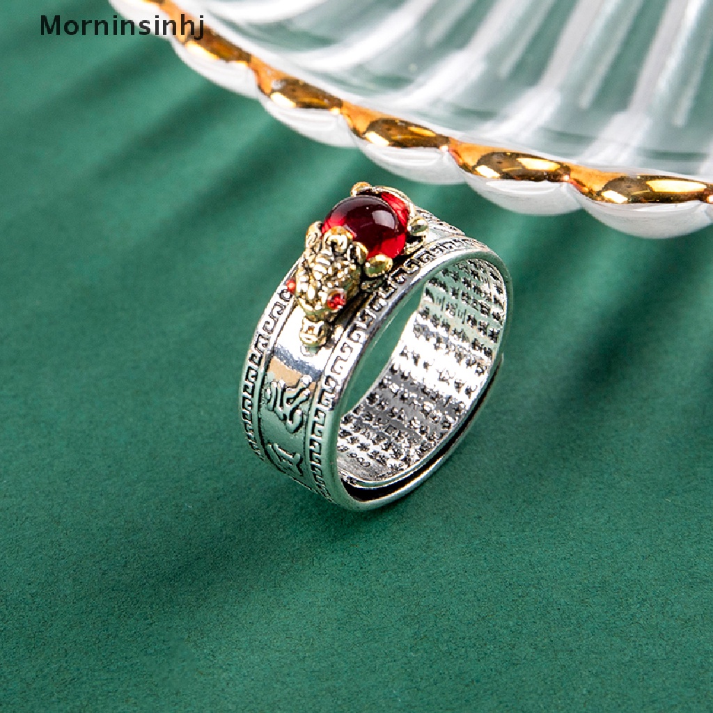 Mornin 1 Pcs Cina Feng Shui Pixiu Cincin Vintage Perak Berlapis Hati Sutra Awan Beruntung Cincin Ukir Batu Merah Permata Pi Xiu Binatang Cincin Pria Wanita Jari Cincin Perhiasan Antik id