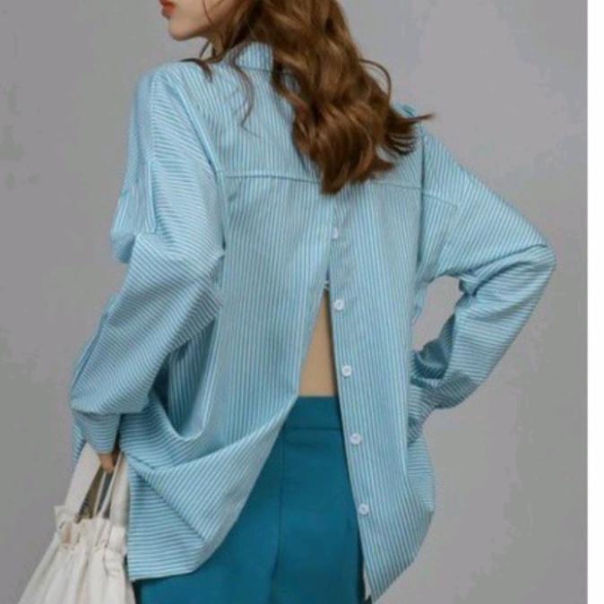 TERKINI kemeja import salur stripe garis garis baju wanita hem tunik korea