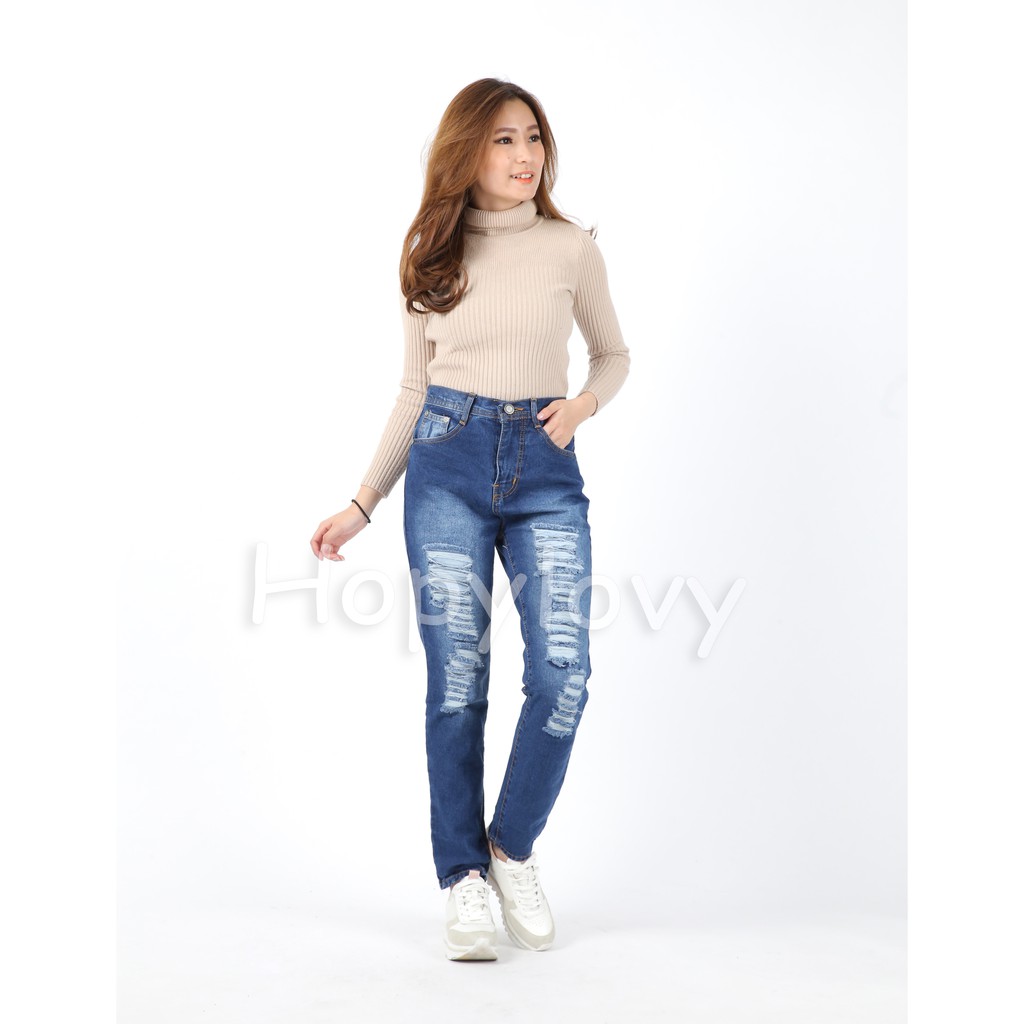 HOPYLOVY - Celana Boyfriend Jeans Wanita Ripped / Sobek Lapis Furing Amithi