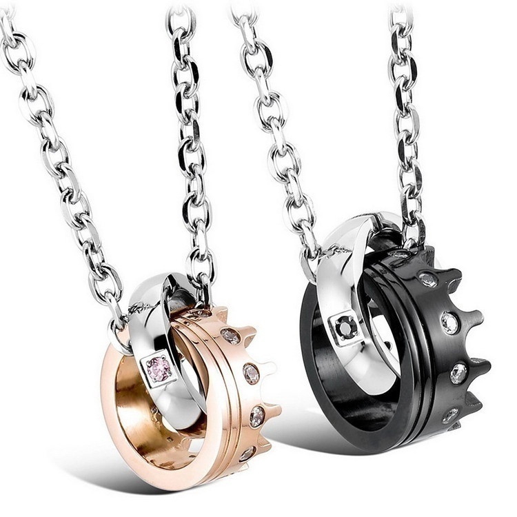 Kalung Rantai Liontin Cincin Mahkota His &amp; Hers Bahan Stainless Steel 316l 20 &amp; 22 &quot;Untuk Pria / Wanita