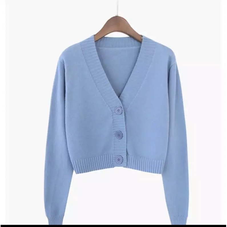 Rajutan Crop Cardigan Wanita Pendek Korea Lengan Panjang Leher V Neck