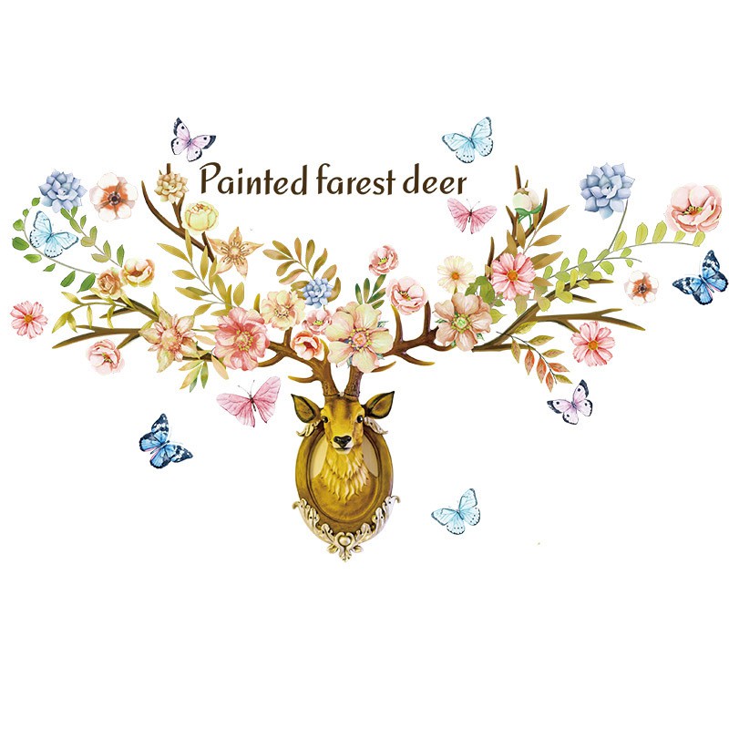 Reliza Wall Sticker Painted Farest Deer Flowers Kepala Rusa Stiker Dinding LDR