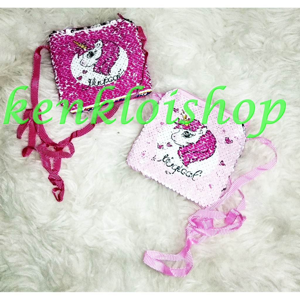 TB05 Tas Bulu Slempang Sequin Blink Unicorn/LOL Kotak Square 11x12cm Slingbag