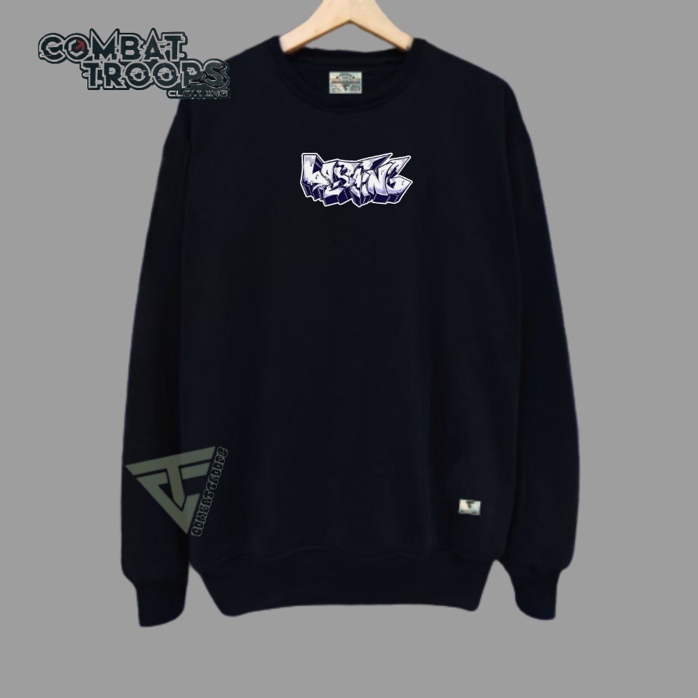 [Ready Stock]Sweater Pria Lengan Panjang Warna Hitam Motif Print List Lasting Sweater Bahan katun Flecee