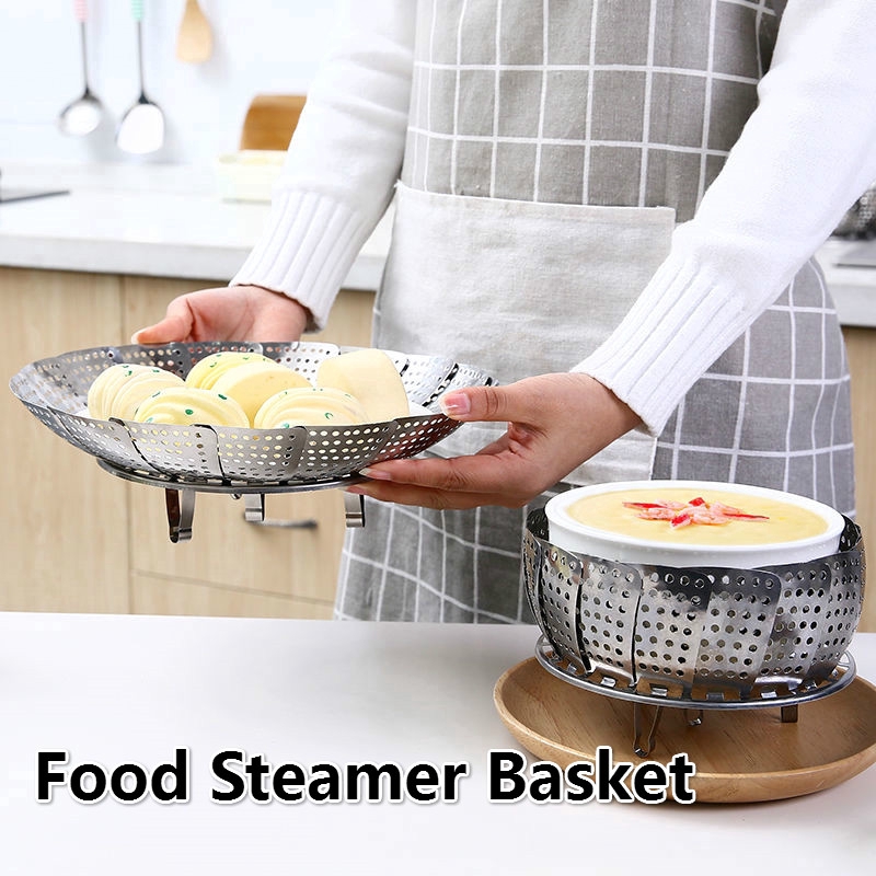 Keranjang Steamer Makanan/Panci Jaring Kukus Ikan Telur Lipat Yang Dapat Ditarik/Tempat Penyimpanan Rak Makanan Kukus Bun Stainless Steel/Expandable Mesh Steamer Cookware Alat Dapur