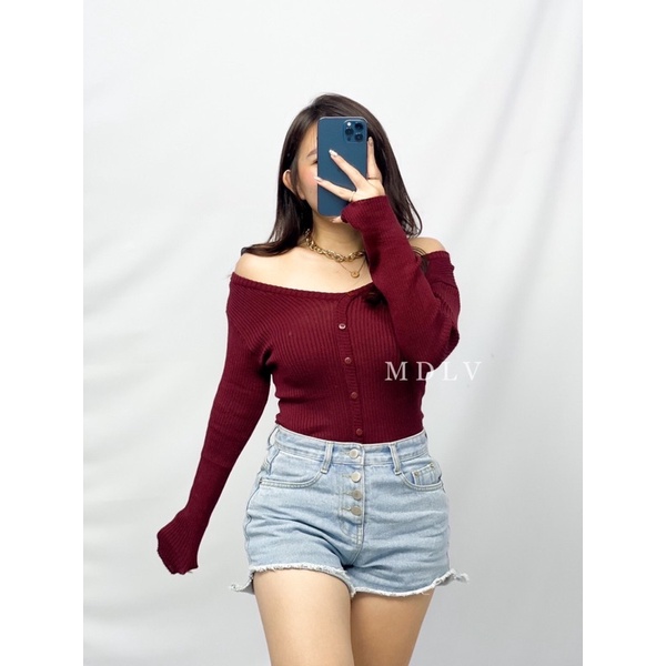 MDLV ~ BAJU RAJUT SABRINA BUTTON PJ // BAJU RAJUT SABRINA LENGAN PANJANG CEWEK // FASHION WANITA