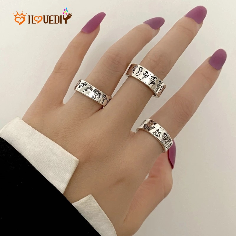 3pcs / Set Cincin Desain Ukiran Butterfly Gaya Vintage Punk Gothic Hip Hop Untuk Pria Dan Wanita